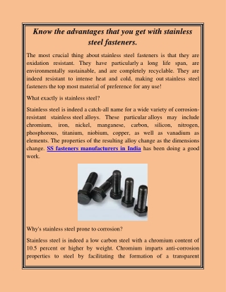 Know the advantages that you get with stainless steel fasteners