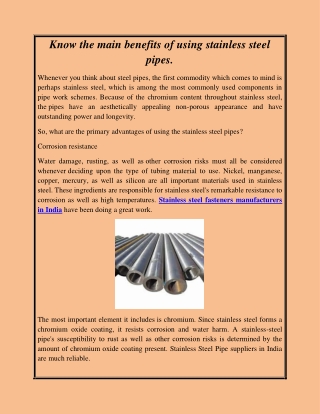 Know the main benefits of using stainless steel pipes