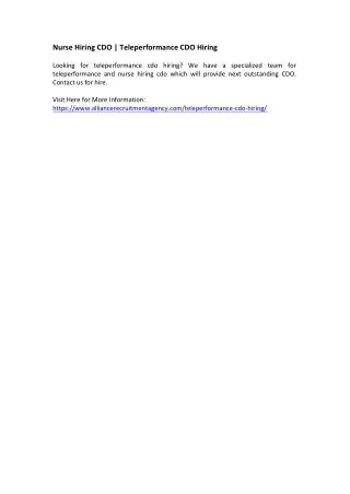 Nurse Hiring CDO - Teleperformance CDO Hiring