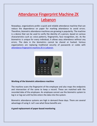 Attendance Fingerprint Machine ZK Lebanon
