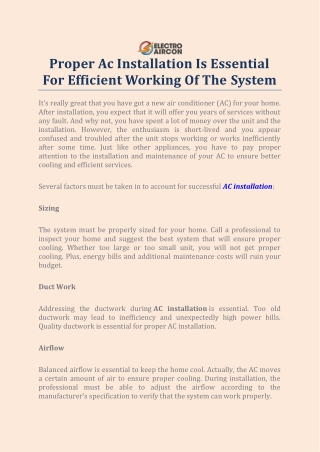 Proper Ac Installation Is Essential For Efficient Working Of The System