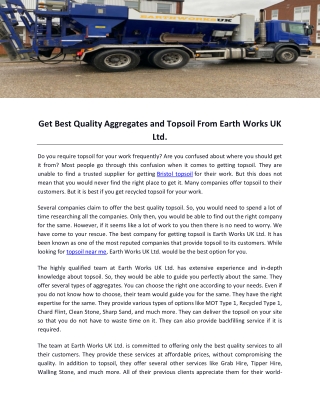 Get Best Quality Aggregates and Topsoil From Earth Works UK Ltd