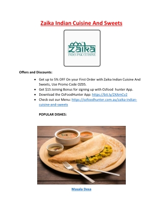 5% Off – Zaika indian Restaurant menu - Takeaway Northfield, SA