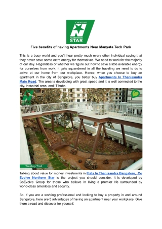 Five benefits of having Apartments Near Manyata Tech Park