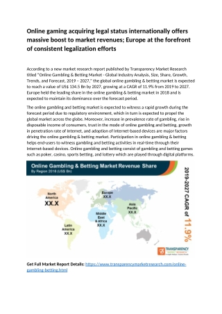 Online Gambling & Betting Market to Reach Valuation of ~US$ 134.5 Bn by 2027