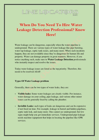 Hire Water Leakage Detection Professional - Line Locators Inc
