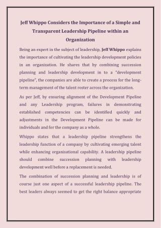 Jeff Whippo Considers the Importance of a Simple and Transparent Leadership Pipeline within an Organization