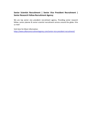 Senior Scientist Recruitment - Senior Vice President Recruitment - Senior Research Fellow Recruitment Agency