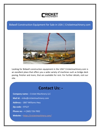 Bidwell Construction Equipment for Sale in USA | Cricketmachinery.com