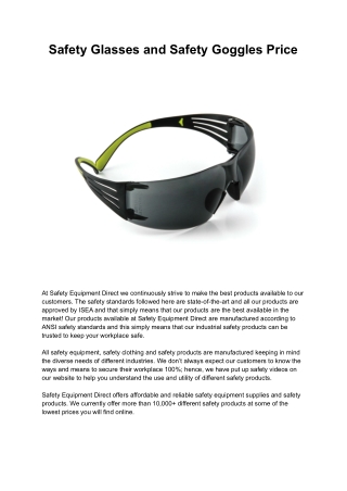 Safety Glasses and Safety Goggles Price