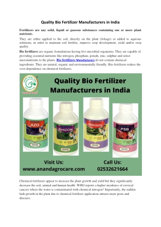 Quality Bio Fertilizer Manufacturers in India