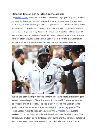 Streaking Tigers Hope to Extend Rangers Slump