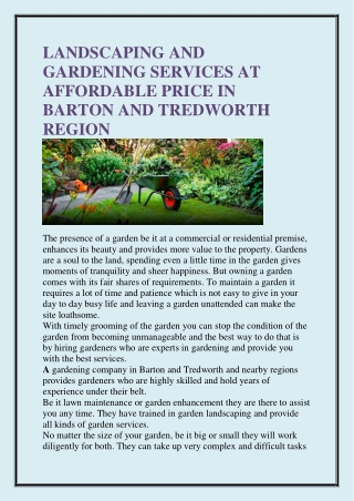 LANDSCAPING AND GARDENING SERVICES AT AFFORDABLE PRICE IN BARTON AND TREDWORTH REGION