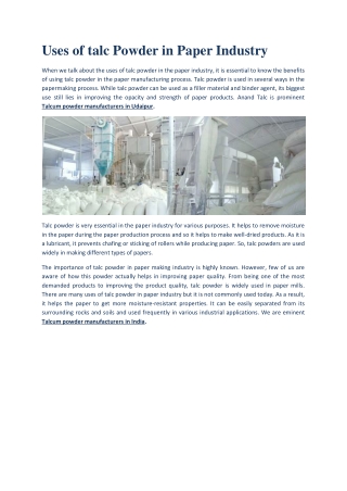 Uses of talcum powder for paper industry-converted