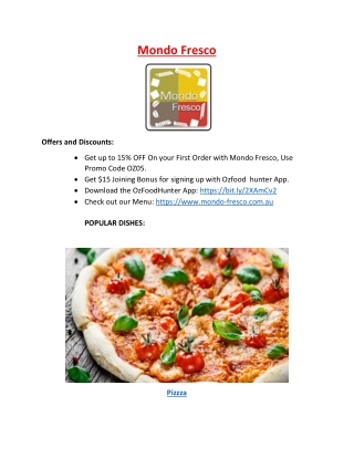 15% Off -Mondo Fresco Italian Pizza Restaurant North Perth Menu, WA