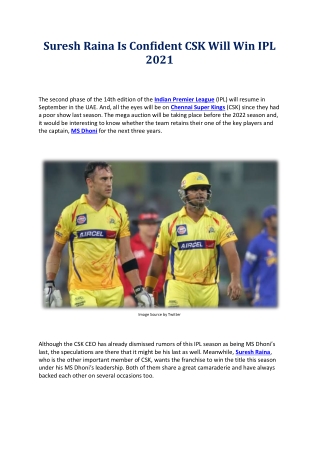 Suresh Raina Is Confident CSK Will Win IPL 2021