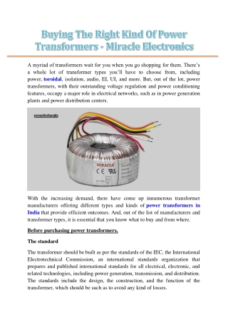 Buying The Right Kind Of Power Transformers - Miracle Electronics