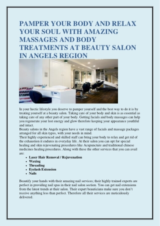 PAMPER YOUR BODY AND RELAX YOUR SOUL WITH AMAZING MASSAGES AND BODY TREATMENTS AT BEAUTY SALON IN ANGELS REGION