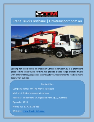 Crane Trucks Brisbane | Otmtransport.com.au