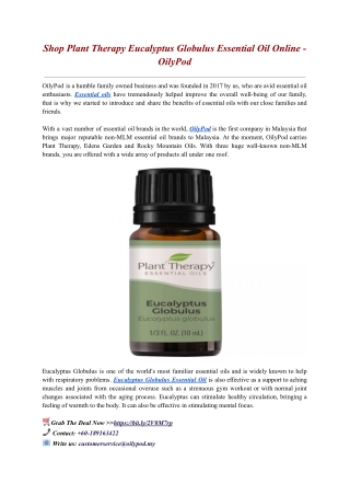 Shop Plant Therapy Eucalyptus Globulus Essential Oil Online - OilyPod
