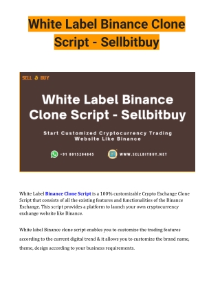 White Label Binance Clone Script Sellbitbuy