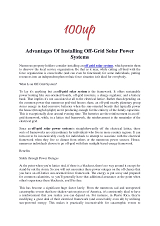 Advantages Of Installing Off-Grid Solar Power Systems