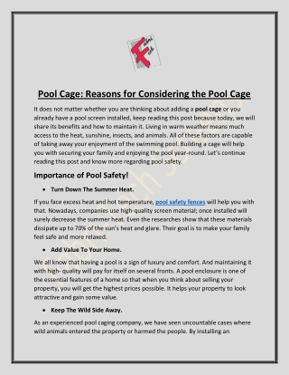 Pool Cage: Reasons For Considering The Pool Cage