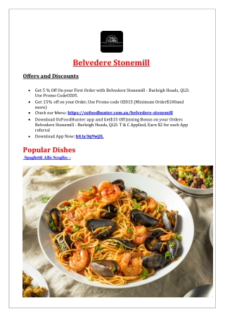 5% Off - Belvedere Stonemill Italian Menu Burleigh Heads, QLD