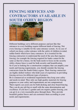 FENCING SERVICES AND CONTRACTORS AVAILABLE IN SOUTH OXHEY REGION