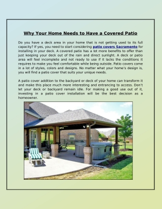 What Kind of Value Can a Covered Patio Provide Your House, and Why Is It Necessary?