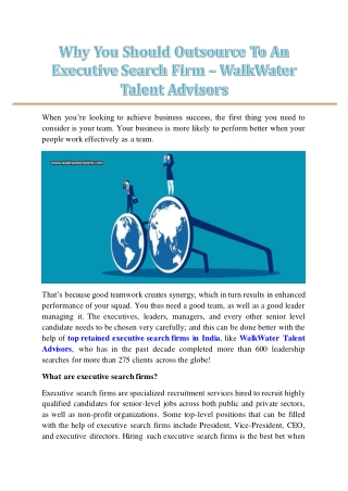 Why You Should Outsource To An Executive Search Firm – WalkWater Talent Advisors