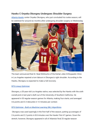 Hawks C Onyeka Okongwu Undergoes Shoulder Surgery