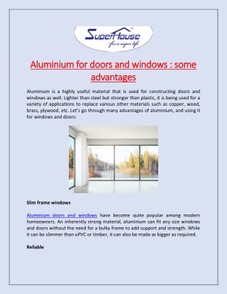 Aluminium for doors and windows some advantages