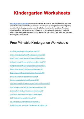 Kindergarten Worksheets free Printable PDF Download