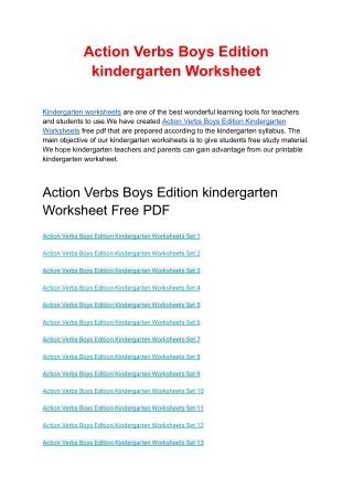 Action Verbs Boys Edition kindergarten Worksheet Free PDF