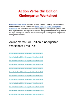 Action Verbs Girl Edition Kindergarten Worksheet free PDF