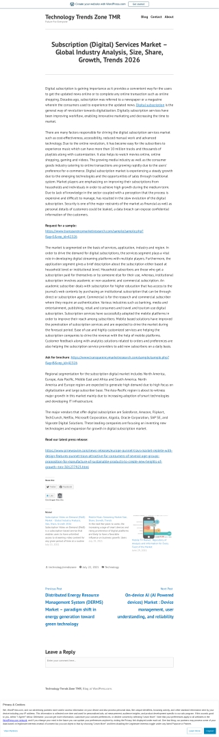 Subscription (Digital) Services Market Scope, Size, Share, Trends, Forecast, Ana
