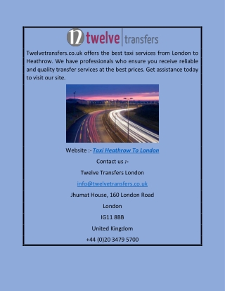 Taxi Heathrow To London | Twelvetransfers.co.uk
