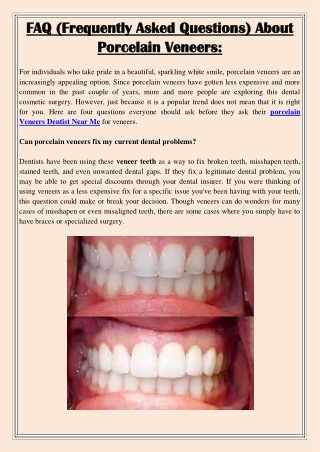 FAQ (Frequently Asked Questions) About Porcelain Veneers