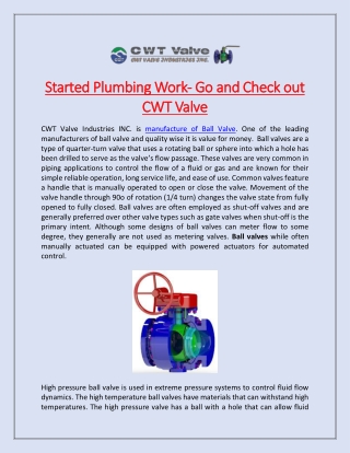 Started Plumbing Work- Go and Check out CWT Valve