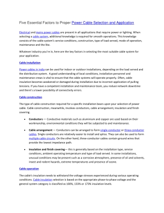 Five Essential Factors to Proper Power Cable Selection and Application
