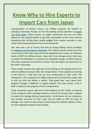 Know Why to Hire Experts to Import Cars from Japan