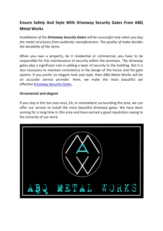 Ensure Safety And Style With Driveway Security Gates From ABQ Metal Works