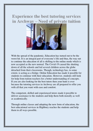 Experience the best tutoring services in Archway – Need of private tuition