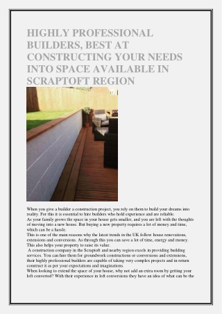HIGHLY PROFESSIONAL BUILDERS, BEST AT CONSTRUCTING YOUR NEEDS INTO SPACE AVAILABLE IN SCRAPTOFT REGION