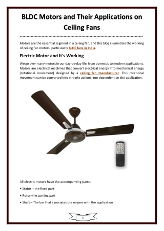 BLDC Motors and Their Applications on Ceiling Fans