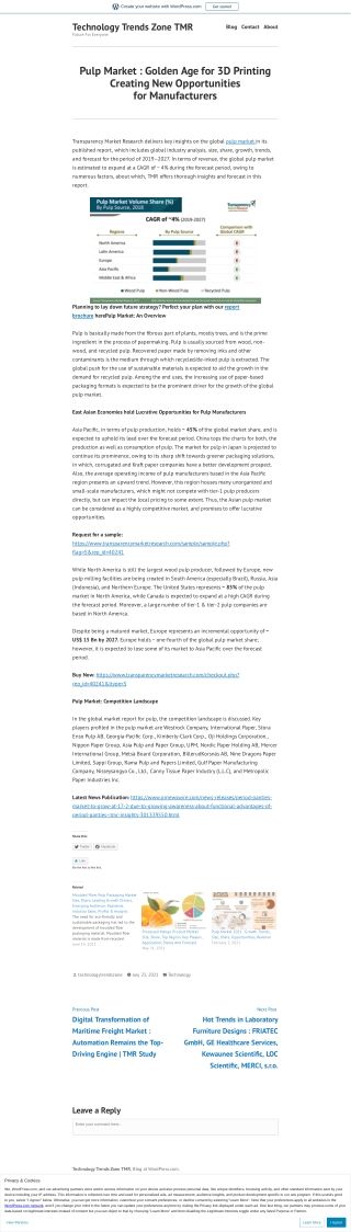 Pulp Market Scope, Trends, Future Demand 2027 | TMR