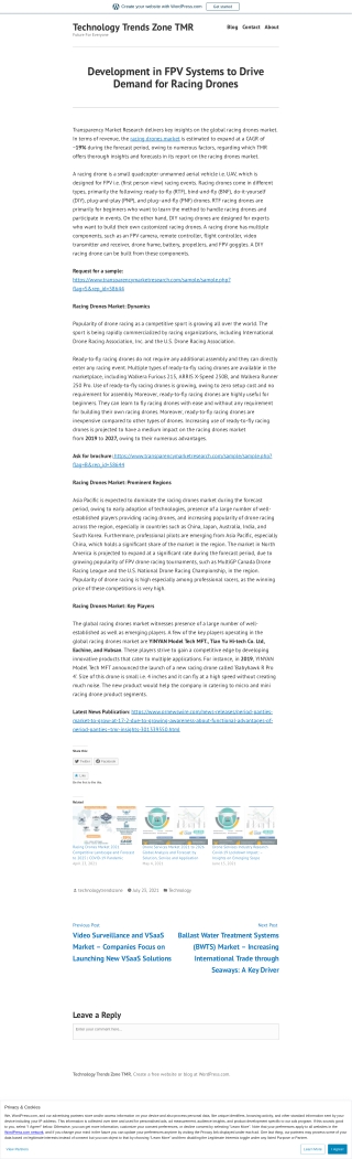 Racing Drones Market to expand at a CAGR of ~19% till 2027 | TMR