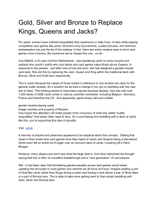 Gold, Silver and Bronze to Replace Kings, Queens and Jacks