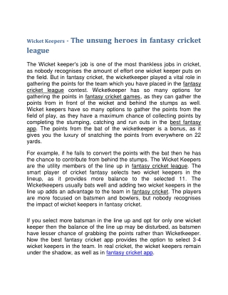 Wicket Keepers - The unsung heroes in fantasy cricket league